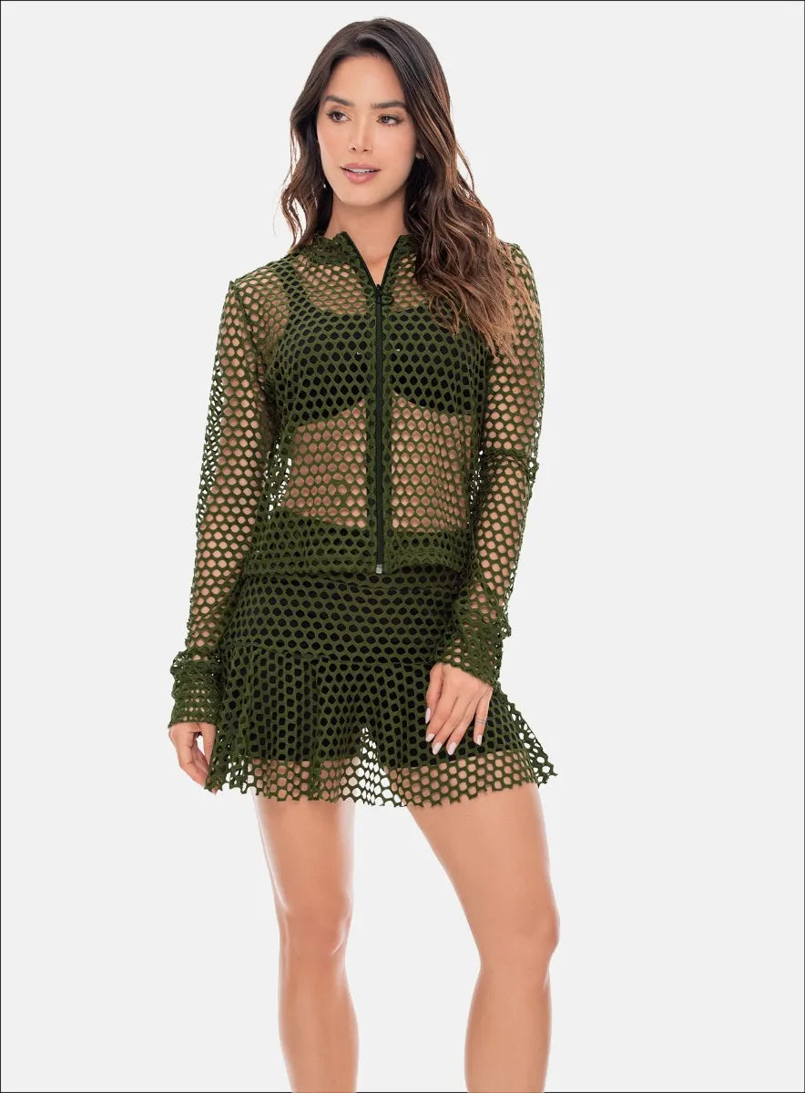 Mesh panelled Set Jacket and Skirt with inner short