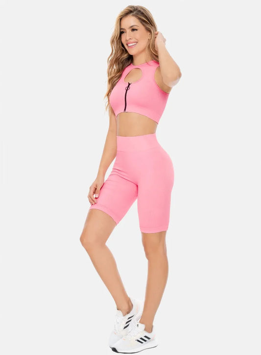 Set Seamless Pink Biker and Top with zipper